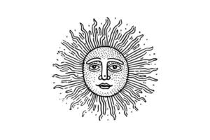 Vintage Celestial Face Engraved Retro Illustration of Sun and Moon. vector