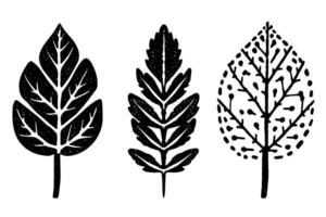 Set of lino cut stamp black leaves and branch imprints on white background. Hand drawn floral elements. vector