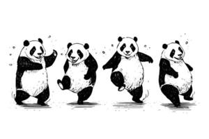 Set of dancing panda hand drawn ink sketch. Engraved style illustration. vector