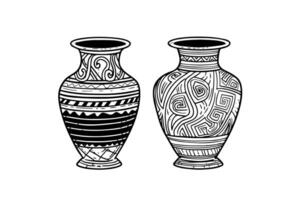 Set of ancient vase hand drawn ink sketch. Engraved style illustration. vector