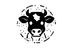 Black cow head logotype for meat industry or farmers market hand drawn stamp effect illustration. vector