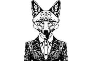 Vintage Hand-Drawn Fox in Suit and Bow Tie Anthropomorphic Animal Illustration with Hipster Glasses. vector