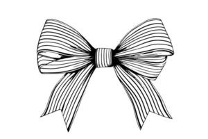 Vintage Christmas Gift Hand-Drawn Bow and Ribbon Sketch in Woodcut Style. vector