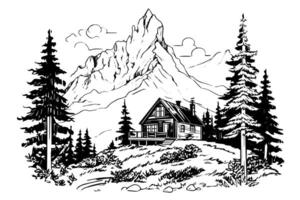 Mountain rural landscape hand drawn ink sketch. Engraving vintage style illustration. vector