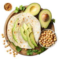 Generated AI chickpeas, avocado, and tortilla on a wooden plate with chickpeas on a transparent background png