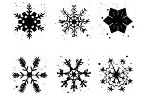 Grunge lino cut snowflakes stamps collection pack. Distressed textures set. Blank geometric shapes. Illustration. vector