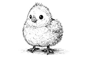 Cute little chicken hand drawn ink sketch. Engraved style retro illustration. vector