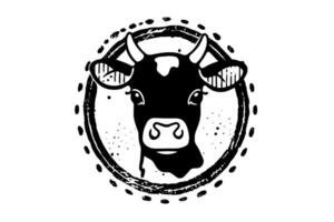 Black cow head logotype for meat industry or farmers market hand drawn stamp effect illustration. vector