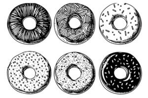 Set of tasty donuts engraving style. Hand drawn ink sketch illustration. vector