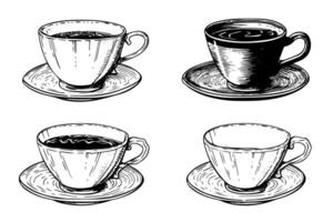 Set of vintage cups or mugs on a plate hand drawn ink sketch. Engraved style illustration. vector