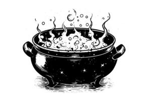 Boiling witch's cauldron hand drawn ink sketch. Engraving style illustration. vector