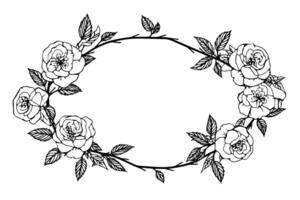 Roses frame. Vintage simple line art. Hand drawn ink sketch. Engraving illustration. vector