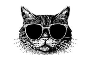 Cute cat head in sunglasses hand drawn ink sketch engraving vintage style. illustration. vector