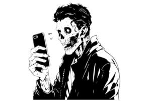 Zombie sitting on a phone hand drawn ink sketch. Engraved style illustration. vector