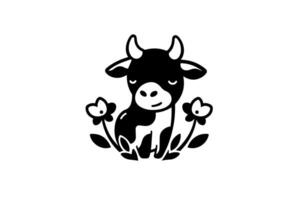 Minimalistic ink silhouette cow and flower logotype,label or emblem design isolated on white background. illustration. vector