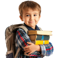 Little boy with school backpack hugging books, transparent background png