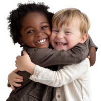 African child and Caucasian child hugging each other, transparent background png