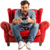 Man sitting while playing game with angry expression, transparent background png