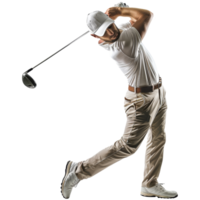 manlig golf spelare träffar de boll med en pinne, transparent bakgrund png