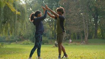 indio árabe Pareja al aire libre juntos mujer hombre en parque deporte chico niña amigos Atletas haciendo estocada formación a naturaleza alto cinco gesto camaradería amistad lograr trabajo en equipo apoyo extensión video