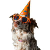 Cute dog with sunglasses and party cone hat, transparent background png