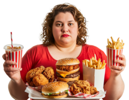 Fat woman holding Junkfood and fizzy drinks, transparent background png