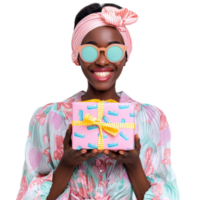 Black woman in sunglasses, pastel clothes, holding gift box, transparent background png