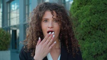 Shocked surprised amazed Caucasian woman businesswoman manager female student lady business portrait girl open mouth shock wonder wow stunned reaction amaze astonish unexpected news in city outside video