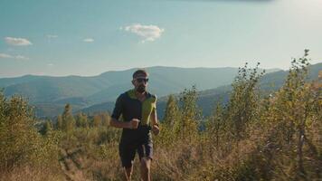 caucasian europeisk manlig man skäggig turist resande joggning morgon- sport löpning muskel träna sportslig kille Träning tävlar reser friska livsstil rekreation utanför berg natur dal video