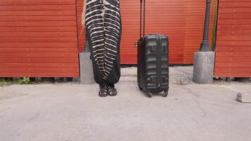 Stylish Traveler. Woman with Suitcase in Slow Motion video