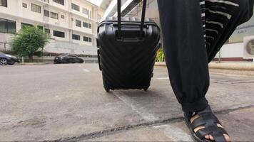 Slow Motion Travel. Woman Walking with Suitcase video