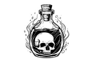 Magic bottle with death potion or poison hand drawn ink sketch. Engraved style illustration. vector