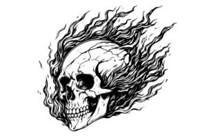 Skull in fire frame hand drawn ink sketch. Engraved style illustration. vector