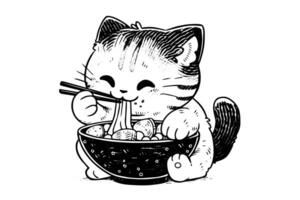 Cute cat eats noodles hand drawn ink sketch. illustration. vector