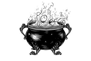 Boiling witch's cauldron hand drawn ink sketch. Engraving style illustration. vector