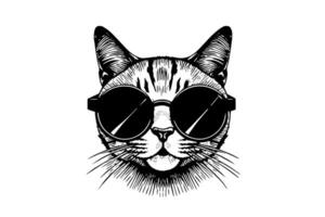 linda gato cabeza en Gafas de sol mano dibujado tinta bosquejo grabado Clásico estilo. ilustración. vector