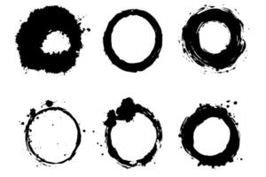 Black shapes of wine circle and coffee ring stains. Dirty splashes and spots Hand drawn tea or ink ring stains on white background. vector