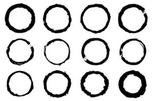 Black shapes of wine circle and coffee ring stains. Dirty splashes and spots Hand drawn tea or ink ring stains on white background. vector