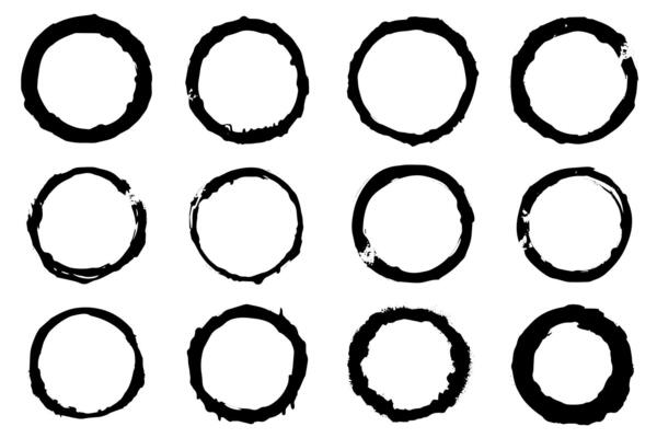 Black shapes of wine circle and coffee ring stains. Dirty splashes and spots Hand drawn tea or ink ring stains on white background.