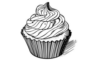 Cream cupcake hand drawn ink sketch. Engraved style retro illustration. vector