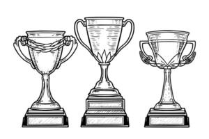 Winner trophy cup hand drawn ink sketch. Engraved style vintage illustration. vector