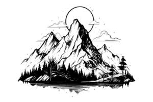 Hand drawn ink sketch of mountain with pine trees landscape. Engraved style logotype illustration. vector