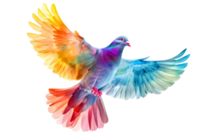 A vibrant, colorful dove in flight, symbolizing peace, hope, and freedom. png