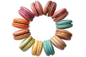 Colorful macarons arranged in a circle creating a beautiful and delicious pattern. png