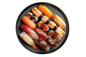 A variety of sushi rolls and nigiri on a black plate. The sushi is arranged in a pleasing pattern and the image is perfect for a restaurant menu or website. png