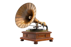 A vintage gramophone with a large horn, wooden base, and intricate details. png