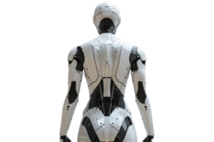 A rear view of a humanoid robot, The robot is made of white and black metal, and has a sleek, futuristic design. png