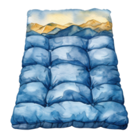 Blue and yellow watercolor mountain scene printed on tufted cushion. png