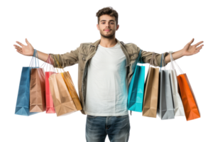 A young man stands with arms outstretched, holding multiple shopping bags. He is looking at the camera with a neutral expression. png