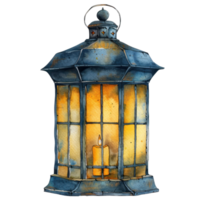 A vintage blue lantern with a single candle burning inside png